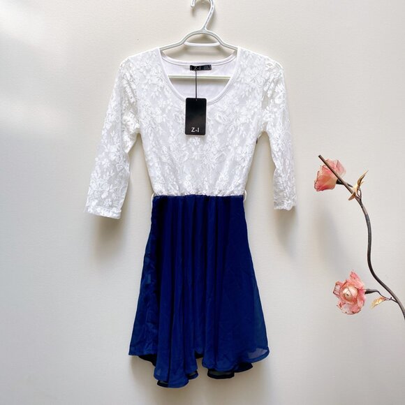 Women's White Navy Lace Chiffon Mini Dress Prom Fit and Flare Dresses - Picture 6 of 11